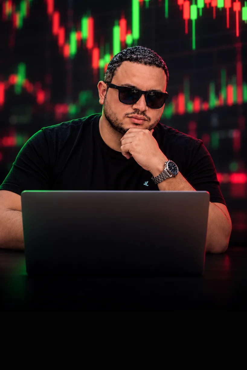 Denis Trader, do Método GR, com gráficos de mercado ao fundo